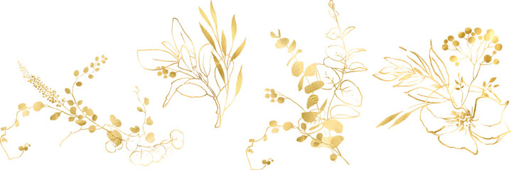 Botanical line art silhouette golden leaves, Golden Linear floral Leaves Set. Vector Gold luxury line collection. Hand drawn vector illustration in linear style, graphic clipart for wedding invitation