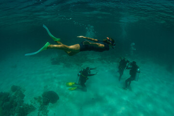 Underwater shoot of a young woman snorkeling and three man doing  diving in a tropical sea