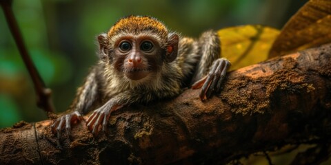 Obraz premium A small monkey sitting on top of a tree branch. Generative AI image.