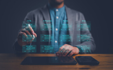 Agile software development or project management using kanban or scrum methodology boards on...