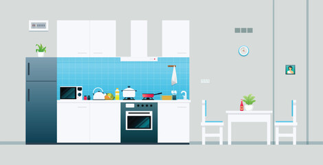 Kitchen set and household equipment with gray background.