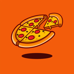 pizza vector illustration, with one slice separated, isolated on orange background