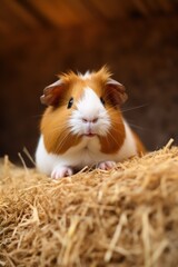 A brown and white guinea sitting on top of a pile of hay. Generative AI image.