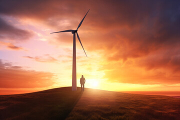 Man is Standing in Front of Wind Turbines in Sunset. Responsible Consumption of Energy.