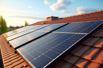 Large Solar Battery on Roof of Building. Modern House with Solar Panel on the Roof. Generative AI.