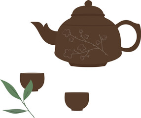 Tea ceremony. Chinese teapot made of Isin clay. Tea cups. Vector illustration