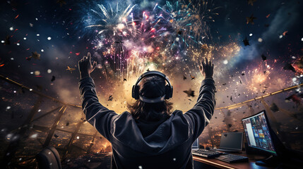 Fototapeta premium Gamer celebrating victory. Winning an eSports game, created with Generative AI