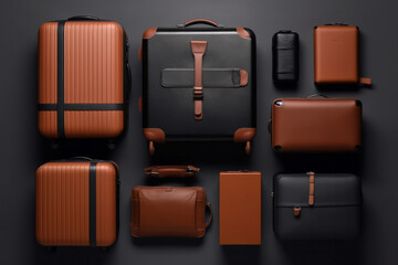 Luxury Black and Brown Luggage Set. Polycarbonate and Leather Suitcases in One Set. Generative AI.