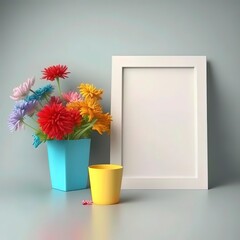A photo frame with studio background surrounded with flowers for mockup. Generative ai.
