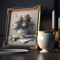 A photo frame with studio background surrounded with flowers for mockup. Generative ai.