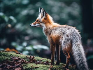 A fox standing on top of a lush green forest. Generative AI image.