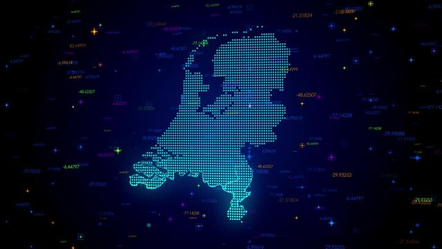 Futuristic Motion View Blue Colorful Shiny Digital Technology Hud Dots Mosaic Grid Netherlands Map Light Scanning With Numeric Tech Particles Background, Seamless Loop