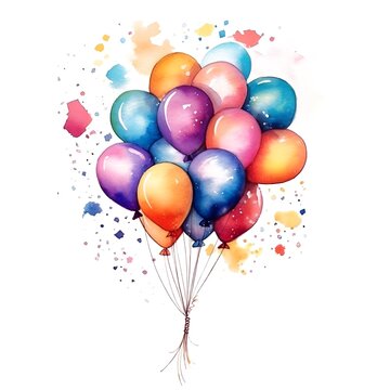 Set of watercolor air balloons isolated on white. Colorful hand painted greeting elements illustration. Generative ai.