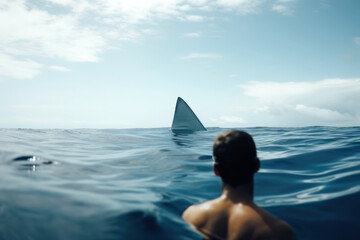 Mann schwimmt im Wasser und sieht einen Hai - obrazy, fototapety, plakaty