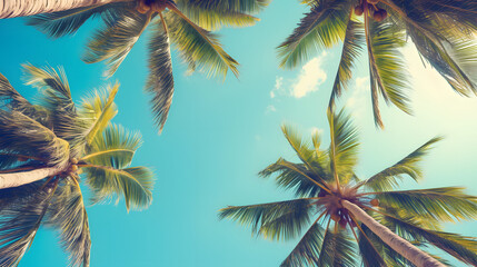 Blue sky and palm trees view from below, vintage style, tropical beach and summer background, travel concept - obrazy, fototapety, plakaty