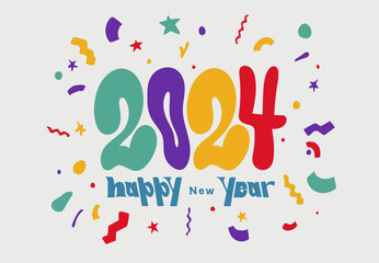 Happy New Year 2024 text typographic design. 2024 logo design. Abstract, quirky cartoon style. Template design for card, banner, brochure, poster. Сartoon style vector illustration. Christmas symbols.