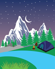Mountain camping. Adventure vintage print design for t shirt and others. National park graphic artwork for sticker, poster, background
