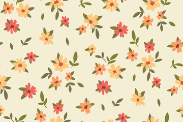 Seamless floral pattern, liberty ditsy print with cute small flora. Pretty botanical design for fabric, textile: tiny hand drawn flowers, leaves, gentle meadow on light background. Vector illustration