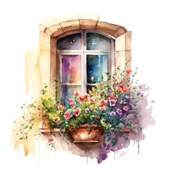 Watercolor cute window with flowers illustration Generative AI, png image.