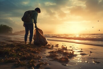 Volunteer man collecting trash on the beach. Ecology concept