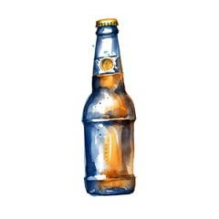 Watercolor picture of dark beer bottle with splatter and drops isolated on white. Hand drawn illustration. Father's Day. Generative ai.