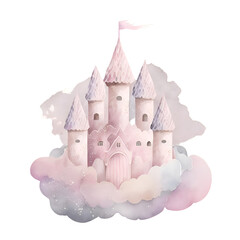 Watercolor cute pink castle on the cloud
 illustration Generative AI, png image.