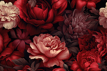 Bunte Vintage und Retro Blumen - Nahtloses Muster - Florale Textur im Aquarel Stil auf dunklen Hintergrund - obrazy, fototapety, plakaty
