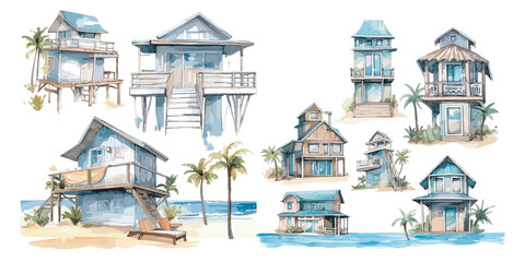 watercolor Beach house clipart for graphic resources