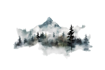 snow covered mountains watercolor painted, isolated on white, transparent
