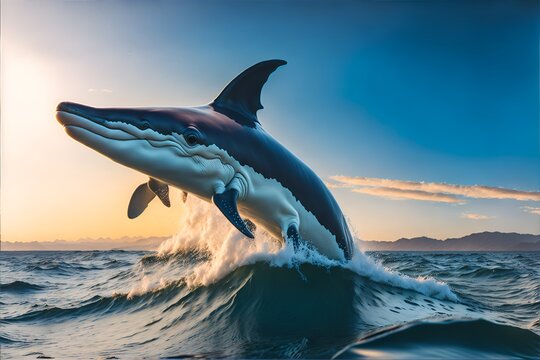 Photo of a dolphin jumping out of the water at sunset