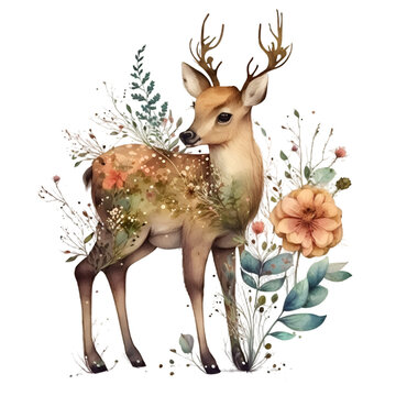 Watercolor cute deer portrait with flowers
 illustration Generative AI, png image.