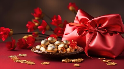 Naklejka premium Chinese new year decorations made from red packet and gold ingots or golden lump. Chinese characters on the object means to fortune, good luck, wealth, and money flow
