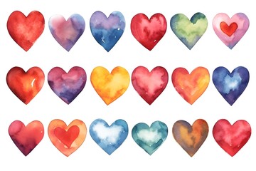 Watercolor hand painted love hearts set, illustrated in colorful ink and isolated. Generative ai.