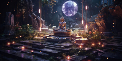 Esoteric place in the forest with Zen Temple for meditation with crystals and semi-precious stones. Generative AI.