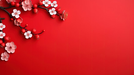 Chinese new year festival decorations made from chinese good luck symbol and plum blossom on a red background. Flat lay, top view with space