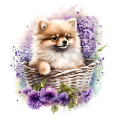 Watercolor cute pomeranian puppy with purple flowers illustration Generative AI, png image.