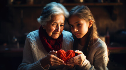 Grandmother and granddaughter holding a heart, family love and bonding concept