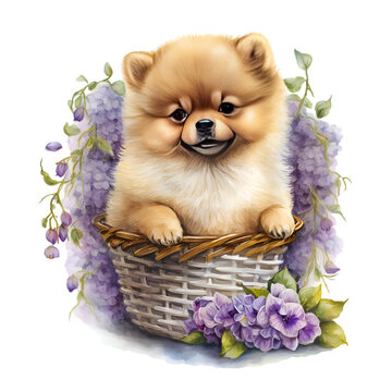 Watercolor cute pomeranian puppy with purple flowers illustration Generative AI, png image.