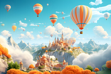 Marvelous Landscape with Castle City and Hot air Balloons.