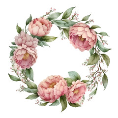 Watercolor wreath with pink peonies illustration Generative AI, png image.