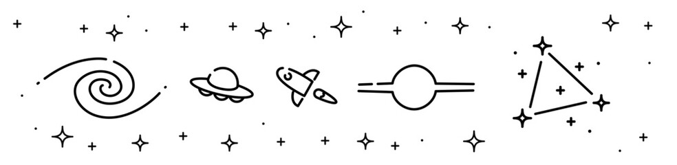 Cosmic icon set. Galaxy, UFO, Rocket, Black hole and Zodiac sign.