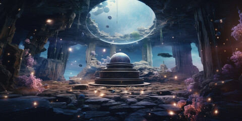 Esoteric place in the forest with Zen Temple for meditation with crystals and semi-precious stones. Generative AI.