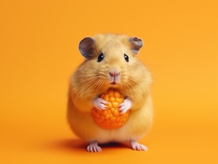 A hamster eating a piece of fruit on an orange background. Generative AI image.