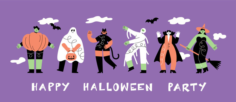 Funny people in suits. Women and men at a Halloween party. Pumpkin, witch, vampire, mummy, black cat and ghost