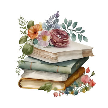Watercolor stack of books with flowers illustration Generative AI, png image.