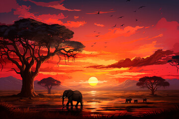 Naklejka na ściany i meble African savannah with elephants and acacia trees at sunset .generative ai