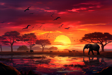 Naklejka na ściany i meble African savannah with elephants and acacia trees at sunset .generative ai