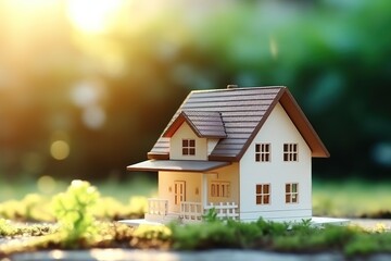 House model with blur nature background, money, saving and investment or family planning concept. Generative Ai.