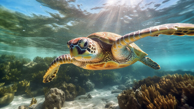 turtle swimming in the sea HD 8K wallpaper Stock Photographic Image