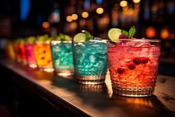 Colorful cocktails with lime and mint on the bar counter in night club.generative ai